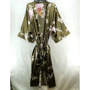 Applesauce Robe Women's Sz OS Moss Green Long Floral Open Front Satin Kimono